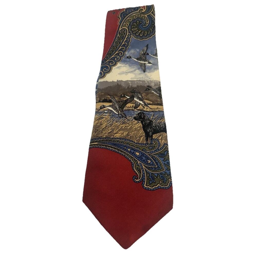 Vtg Ducks Unlimited Men's Red Silk Tie 3.75” Pintail Duck Birddog Hunting Scene‎